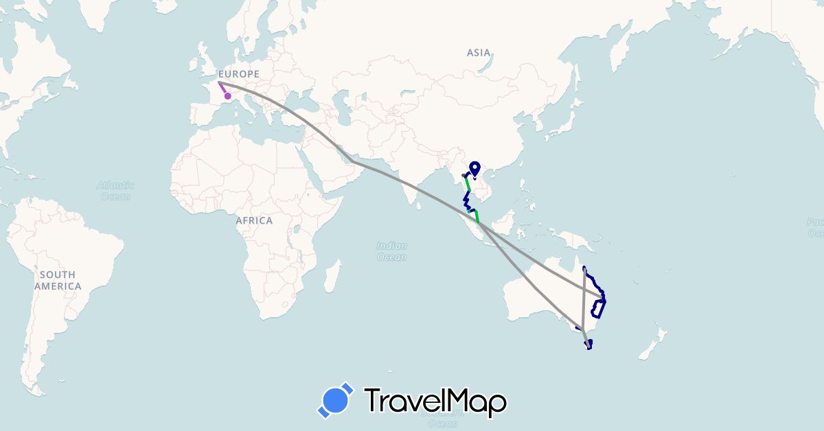 TravelMap itinerary: driving, bus, plane, train, boat, motorbike in United Arab Emirates, Australia, France, Laos, Myanmar (Burma), Malaysia, Singapore, Thailand (Asia, Europe, Oceania)